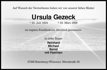 Traueranzeige von Ursula Gezeck von KREISZEITUNG SYKE
