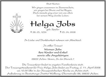 Traueranzeige von Helga Jobs von KREISZEITUNG SYKE