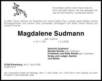 Traueranzeige von Magdalene Sudmann von KREISZEITUNG SYKE