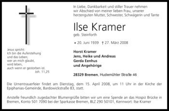 Traueranzeige von Ilse Kramer von KREISZEITUNG SYKE