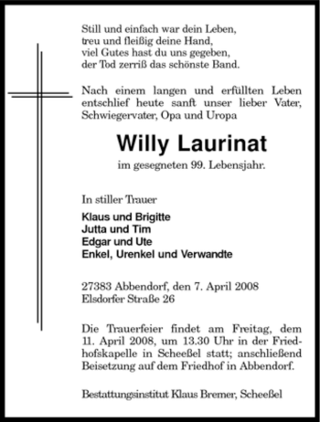 Traueranzeige von Willy Laurinat von KREISZEITUNG SYKE