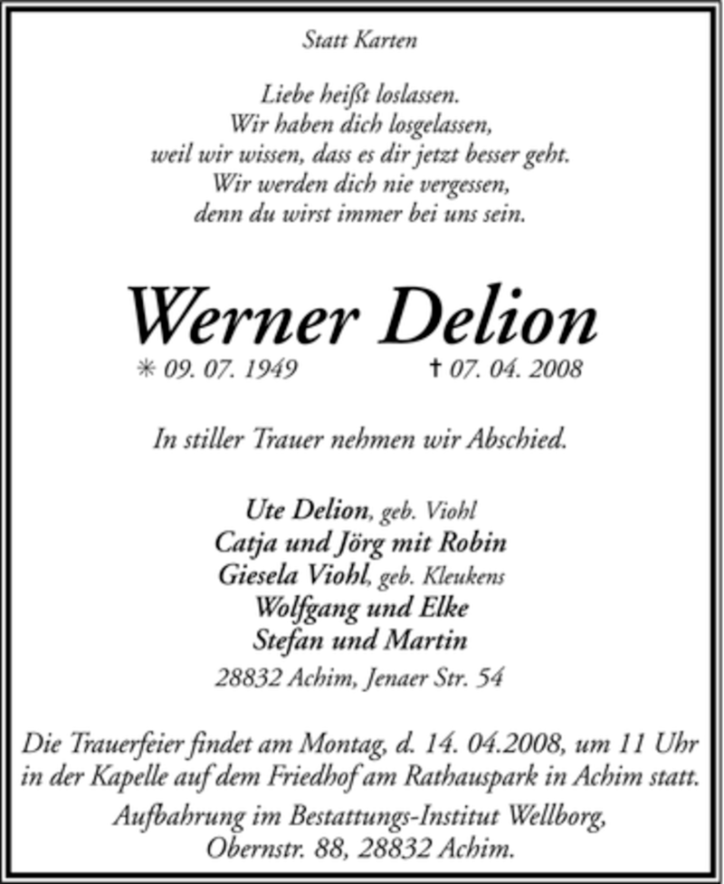  Traueranzeige für Werner Delion vom 10.04.2008 aus KREISZEITUNG SYKE