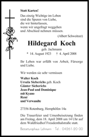 Traueranzeige von Hildegard Koch von KREISZEITUNG SYKE