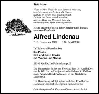 Traueranzeige von Alfred Lindenau von KREISZEITUNG SYKE