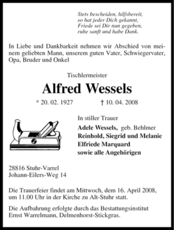 Traueranzeige von Alfred Wessels von KREISZEITUNG SYKE