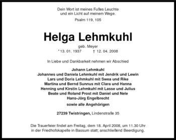 Traueranzeige von Helga Lehmkuhl von KREISZEITUNG SYKE