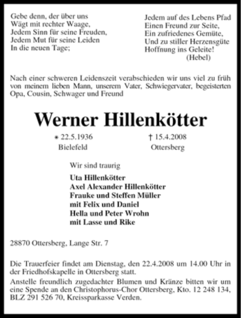 Traueranzeige von Werner Hillenkötter von KREISZEITUNG SYKE