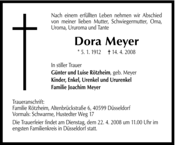 Traueranzeige von Dora Meyer von KREISZEITUNG SYKE