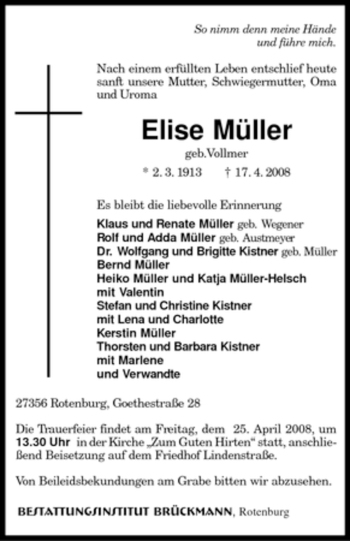 Traueranzeige von Elise Müller von KREISZEITUNG SYKE