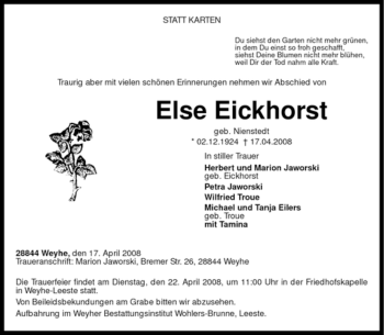 Traueranzeige von Else Eickhorst von KREISZEITUNG SYKE