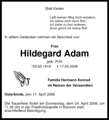 Traueranzeige von Hildegard Adam von KREISZEITUNG SYKE