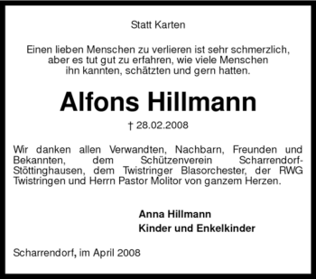 Traueranzeige von Alfons Hillmann von KREISZEITUNG SYKE