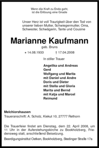 Traueranzeige von Marianne Kaufmann von KREISZEITUNG SYKE