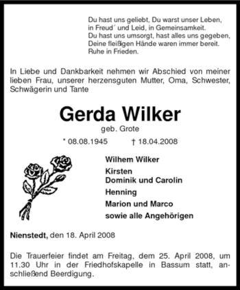 Traueranzeige von Gerda Wilker von KREISZEITUNG SYKE