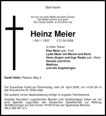 Traueranzeige von Heinz Meier von KREISZEITUNG SYKE