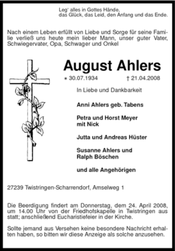 Traueranzeige von August Ahlers von KREISZEITUNG SYKE