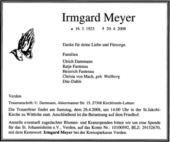 Traueranzeige von Irmgard Meyer von KREISZEITUNG SYKE