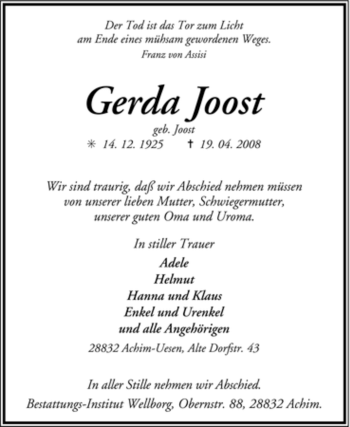 Traueranzeige von Gerda Joost von KREISZEITUNG SYKE