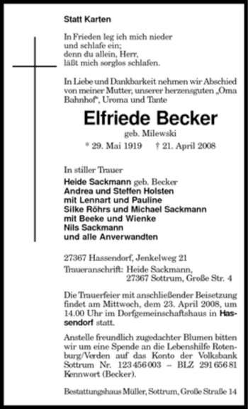 Traueranzeige von Elfriede Becker von KREISZEITUNG SYKE