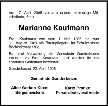 Traueranzeige von Marianne Kaufmann 