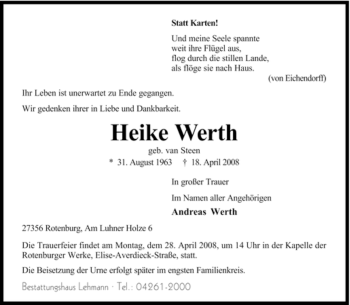 Traueranzeige von Heike Werth von KREISZEITUNG SYKE