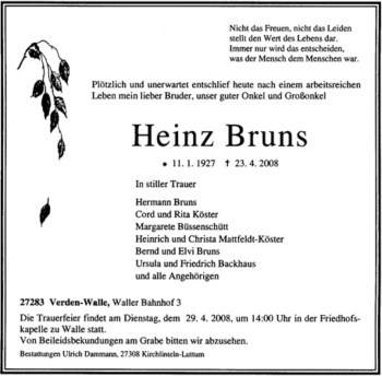 Traueranzeige von Heinz Bruns von KREISZEITUNG SYKE