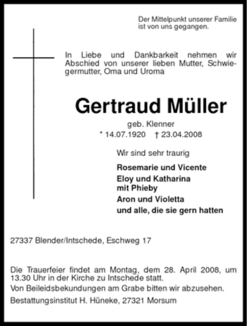 Traueranzeige von Gertraud Müller von KREISZEITUNG SYKE