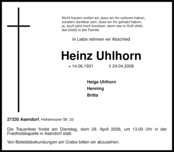 Traueranzeige von Heinz Uhlhorn von KREISZEITUNG SYKE