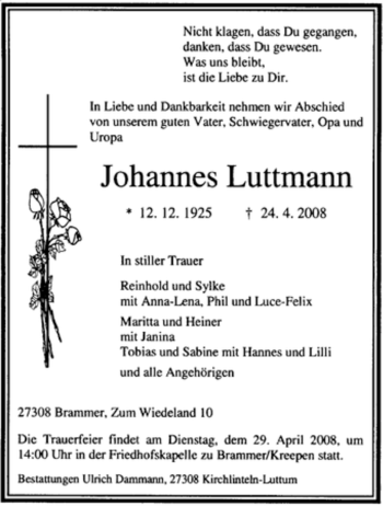 Traueranzeige von Johannes Luttmann von KREISZEITUNG SYKE