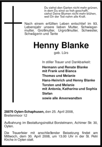 Traueranzeige von Henny Blanke von KREISZEITUNG SYKE