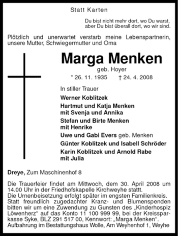 Traueranzeige von Marga Menken von KREISZEITUNG SYKE