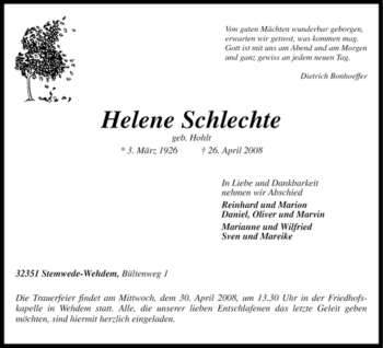 Traueranzeige von Helene Schlechte von KREISZEITUNG SYKE