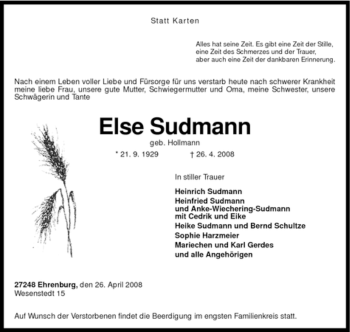 Traueranzeige von Else Sudmann von KREISZEITUNG SYKE