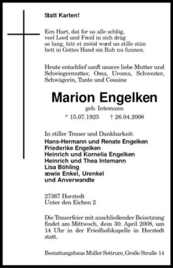 Traueranzeige von Marion Engelken von KREISZEITUNG SYKE