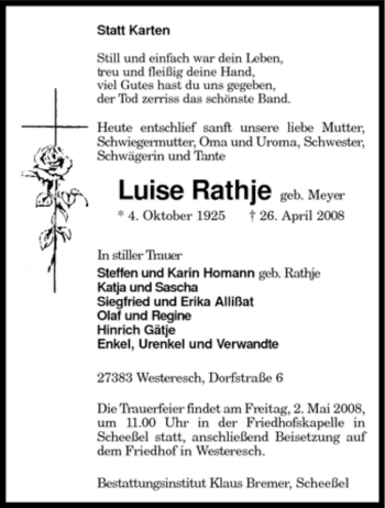 Traueranzeige von Luise Rathje von KREISZEITUNG SYKE