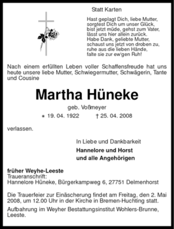 Traueranzeige von Martha Hüneke von KREISZEITUNG SYKE