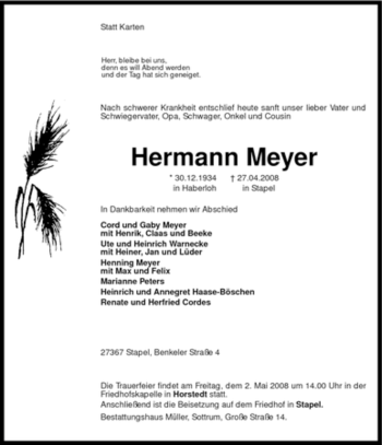 Traueranzeige von Hermann Meyer von KREISZEITUNG SYKE