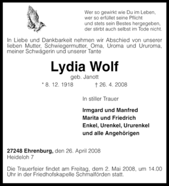 Traueranzeige von Lydia Wolf von KREISZEITUNG SYKE
