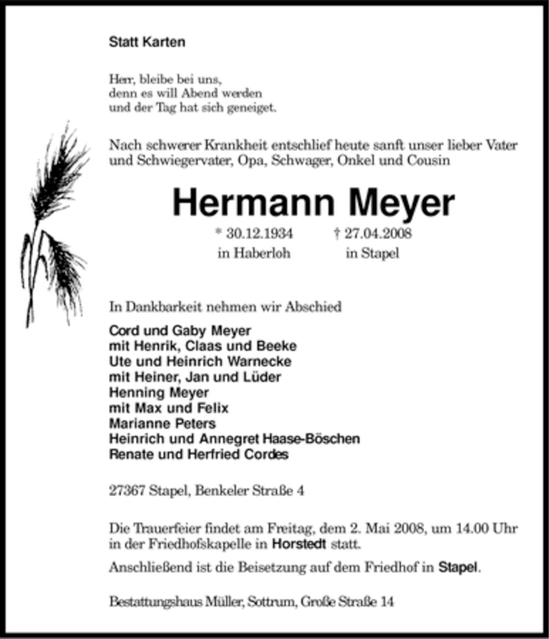  Traueranzeige für Hermann Meyer vom 29.04.2008 aus KREISZEITUNG SYKE