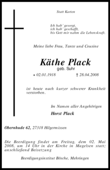 Traueranzeige von Käthe Plack von KREISZEITUNG SYKE