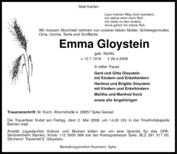 Traueranzeige von Emma Gloystein von KREISZEITUNG SYKE