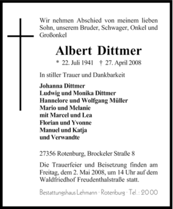 Traueranzeige von Albert Dittmer von KREISZEITUNG SYKE