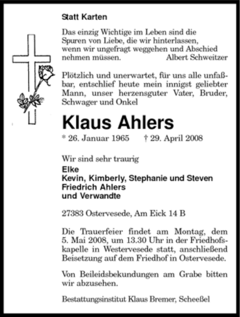 Traueranzeige von Klaus Ahlers von KREISZEITUNG SYKE