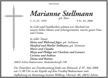 Traueranzeige von Marianne Stellmann von KREISZEITUNG SYKE