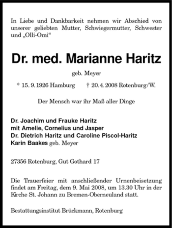 Traueranzeige von Marianne Haritz von KREISZEITUNG SYKE