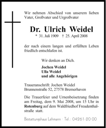 Traueranzeige von Ulrich Weidel von KREISZEITUNG SYKE