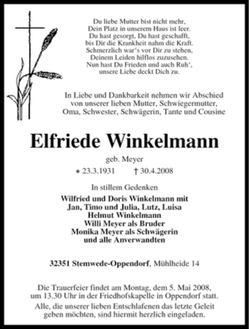 Traueranzeige von Elfriede Winkelmann von KREISZEITUNG SYKE