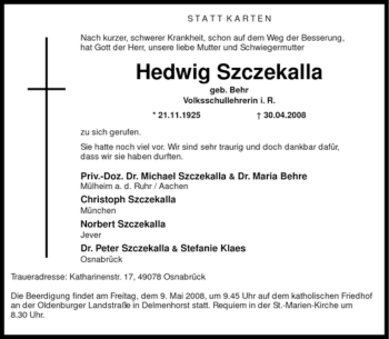 Traueranzeige von Hedwig Szczekalla von KREISZEITUNG SYKE