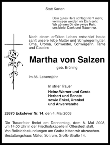 Traueranzeige von Martha von Salzen von KREISZEITUNG SYKE