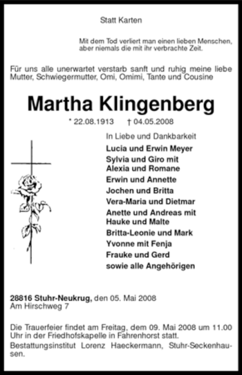 Traueranzeige von Martha Klingenberg von KREISZEITUNG SYKE